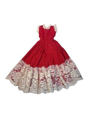 Vintage Red Doll Dress With White Lace Trim & Polka Dot Pattern Fashion Doll
